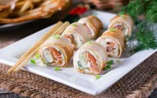 Роллы из блинов на праздничный стол с семгой, сыром, крабовыми палочками