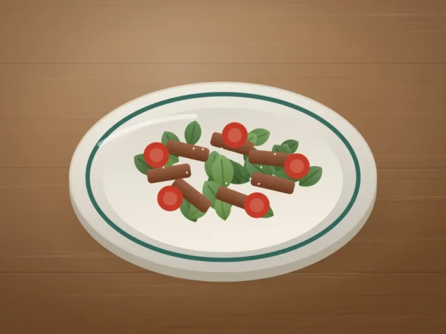 Салат с ломтиками говядины, овощами и зеленью